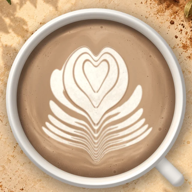 A wave tulip in a chai latte, a nested heart above a fan of waves, with cinnamon sticks and star anise on the table.