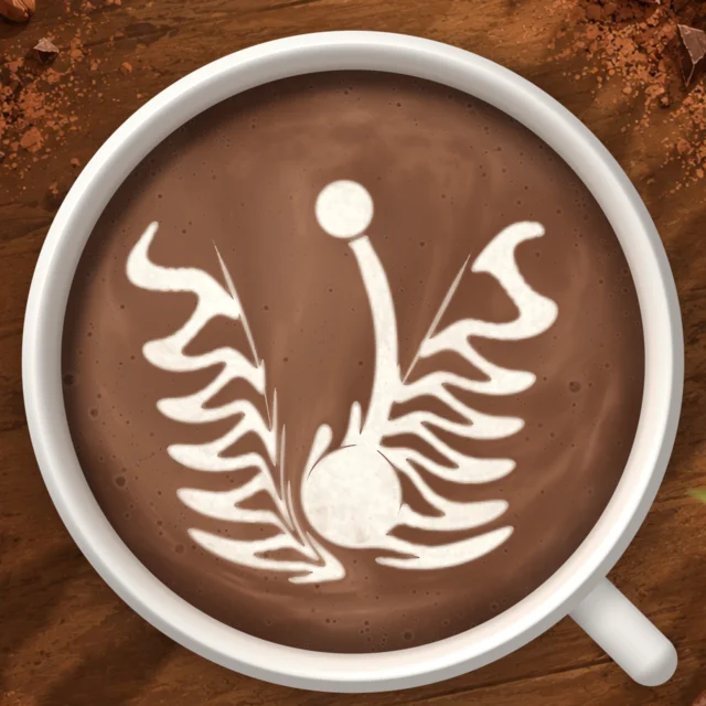 A phoenix in a hot chocolate: two feathered wings, a body, a neck and a head in white foam on dark chocolate.