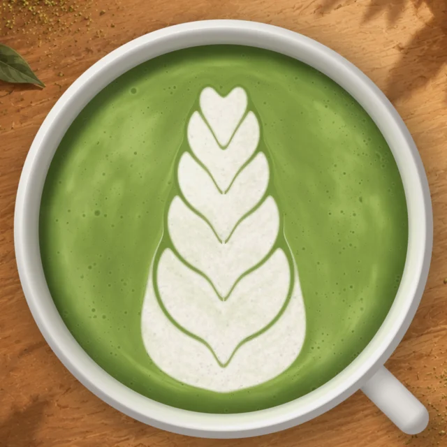 A tall tulip of six tiers in a green matcha latte on a wooden table, a bowl of matcha powder beside it.