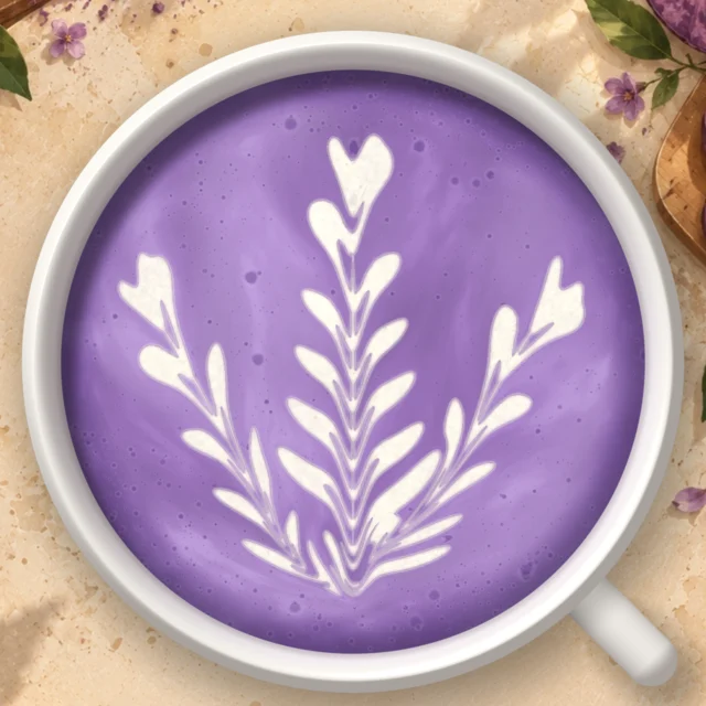Three rosettas fanned from one foot in a purple ube latte, purple blossom on the table.