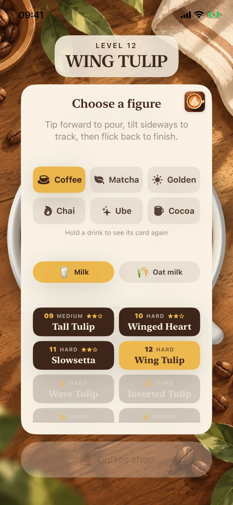 The figure menu: six drinks across the top, and the list of figures scrolled to the twelfth, with the earlier ones cleared and the later ones still locked.