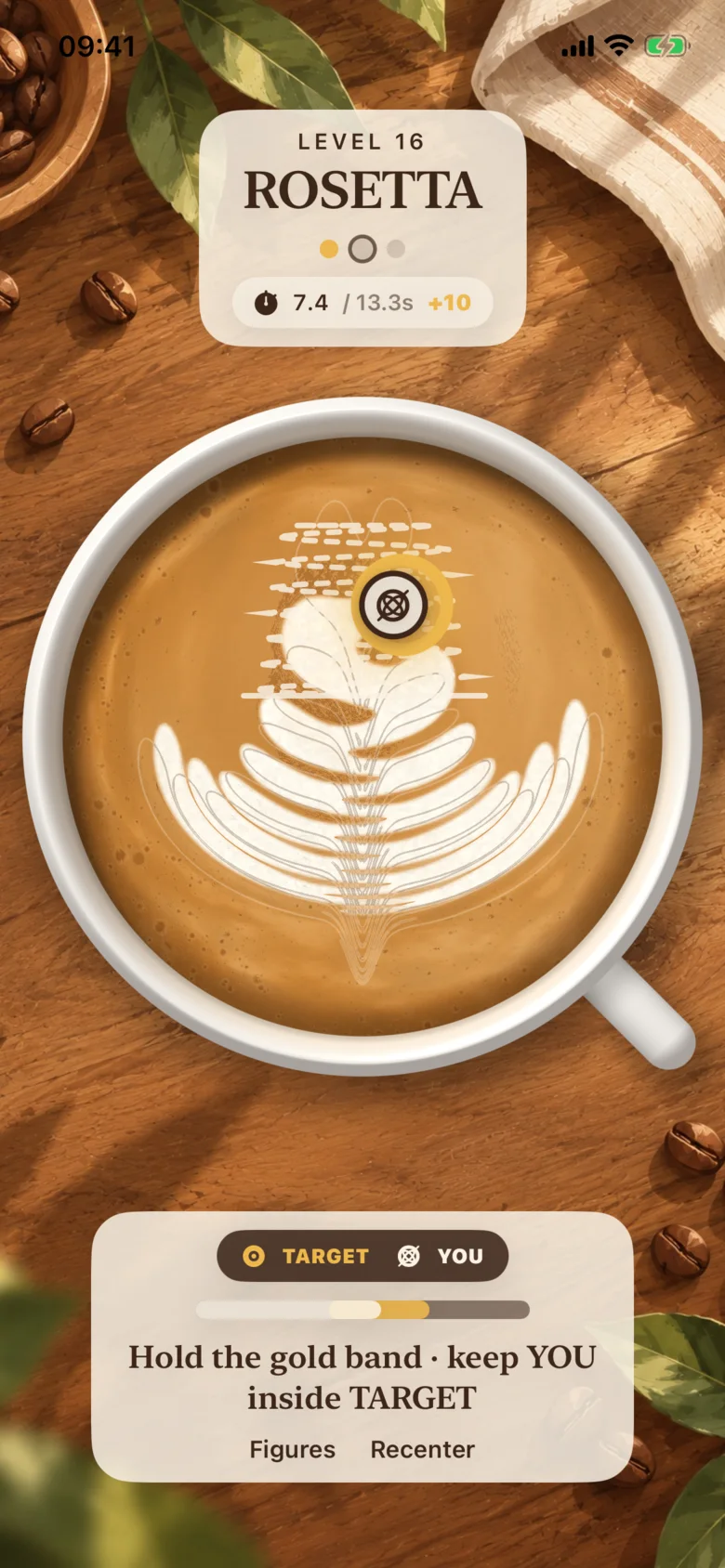 Mid-pour on the Rosetta: foam leaves forming in the cup while a marker follows a moving target.