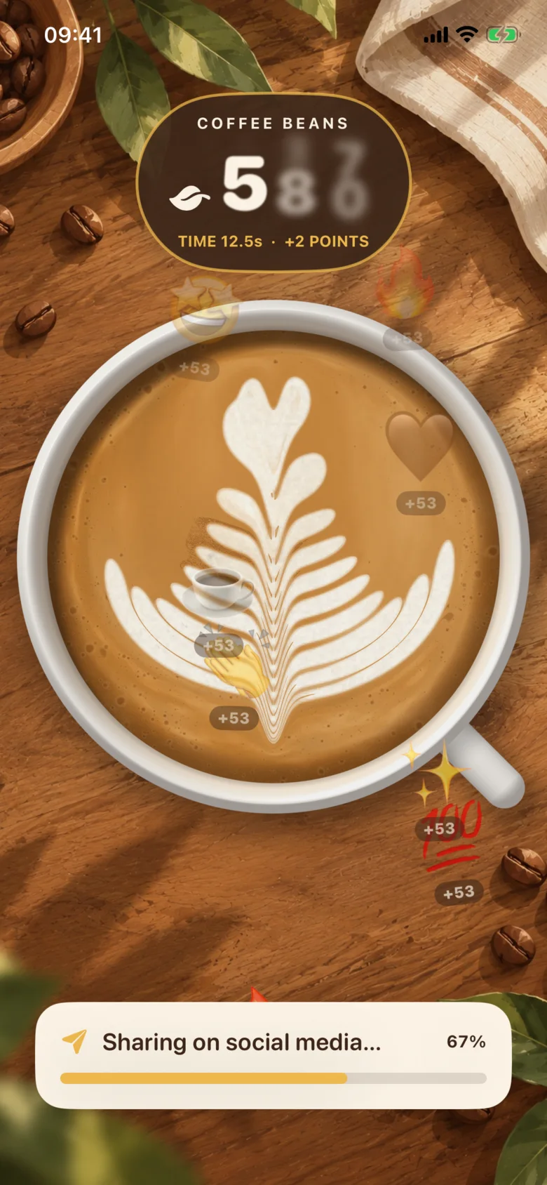 A finished rosetta being shared: emoji reactions fall over the cup while the score counts up.